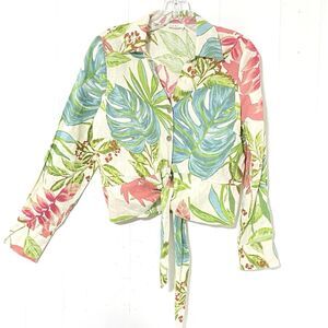 NICOLE MILLER Floral LINEN BLEND Hawaiian TIE Crop Button Up S/M Summer RETRO